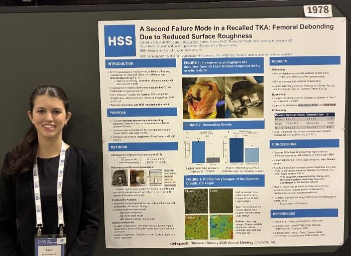 Research engineer Sara Sacher presenting her poster evaluating femoral cement debonding as a second failure mode in a recalled TKA system